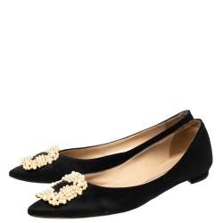Pre Owned Manolo Blahnik Black Satin Hangisi Pearl Embellished Flats Size 37.5