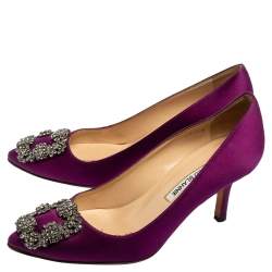 Pre Owned Manolo Blahnik Purple Satin Hangisi Pointed-Toe Pumps Size 35.5