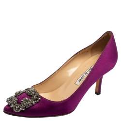 Pre Owned Manolo Blahnik Purple Satin Hangisi Pointed-Toe Pumps Size 35.5