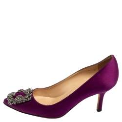 Pre Owned Manolo Blahnik Purple Satin Hangisi Pointed-Toe Pumps Size 35.5