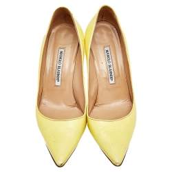 Pre Owned Manolo Blahnik Yellow Leather Pointed Toe Pumps Size 37.5