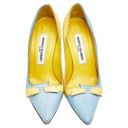 Pre Owned حذاء كعب عالي مانولو بلانيك جلد ثعبان أصفر/أزرق مقدمة مدببة مقاس 37