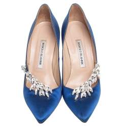 Manolo Blahnik Royal Blue Satin Nadira Pointed-Toe Pumps Size 38