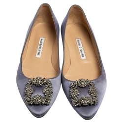 Pre Owned Manolo Blahnik Grey Satin Hangisi Ballet Flats Size 39.5
