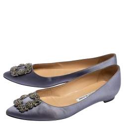 Pre Owned Manolo Blahnik Grey Satin Hangisi Ballet Flats Size 39.5