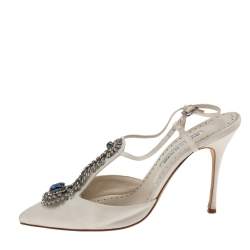 Pre Owned Manolo Blahnik White Satin Crystal Embellished Slingback Sandals Size 40