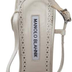 Pre Owned Manolo Blahnik White Satin Crystal Embellished Slingback Sandals Size 40