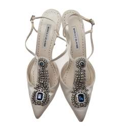 Pre Owned Manolo Blahnik White Satin Crystal Embellished Slingback Sandals Size 40