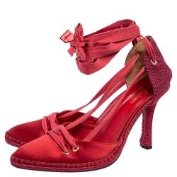 Pre Owned Castañer By Manolo Blahnik Red Satin and Woven Fabric Espadrille Pointed-Toe Ankle-Tie Pumps Size 39