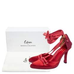Pre Owned Castañer By Manolo Blahnik Red Satin and Woven Fabric Espadrille Pointed-Toe Ankle-Tie Pumps Size 39
