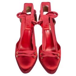 Pre Owned Castañer By Manolo Blahnik Red Satin and Woven Fabric Espadrille Pointed-Toe Ankle-Tie Pumps Size 39