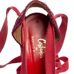 Pre Owned Castañer By Manolo Blahnik Red Satin and Woven Fabric Espadrille Pointed-Toe Ankle-Tie Pumps Size 39