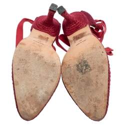 Pre Owned Castañer By Manolo Blahnik Red Satin and Woven Fabric Espadrille Pointed-Toe Ankle-Tie Pumps Size 39