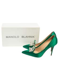 Pre Owned Manolo Blahnik Green Satin Borlak Pointed-Toe Pumps Size 39