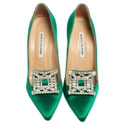 Pre Owned Manolo Blahnik Green Satin Borlak Pointed-Toe Pumps Size 39