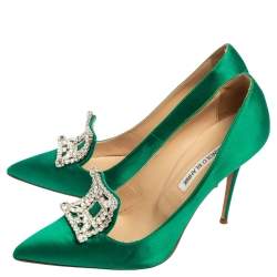 Pre Owned Manolo Blahnik Green Satin Borlak Pointed-Toe Pumps Size 39