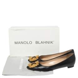 Pre Owned Manolo Blahnik Black Leather Hangisi Ballet Flats Size 35.5