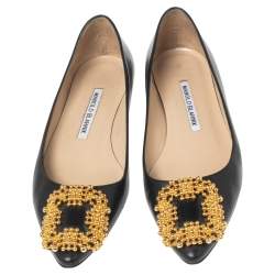 Pre Owned Manolo Blahnik Black Leather Hangisi Ballet Flats Size 35.5