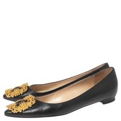Pre Owned Manolo Blahnik Black Leather Hangisi Ballet Flats Size 35.5