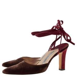 Manolo Blahnik Maroon/Red Velvet Ankle Wrap Sandals Size 37
