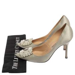 Pre Owned Manolo Blahnik Grey Satin Hangisi  Pumps Size 39