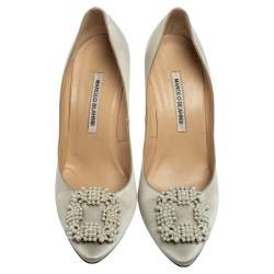 Pre Owned Manolo Blahnik Grey Satin Hangisi  Pumps Size 39