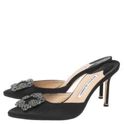 Pre Owned Manolo Blahnik Black Satin Hangisi Mules Sandals Size 39