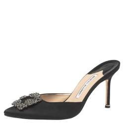 Pre Owned Manolo Blahnik Black Satin Hangisi Mules Sandals Size 39