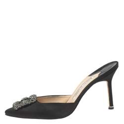 Pre Owned Manolo Blahnik Black Satin Hangisi Mules Sandals Size 39