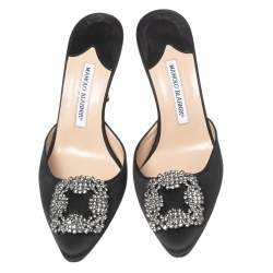 Pre Owned Manolo Blahnik Black Satin Hangisi Mules Sandals Size 39
