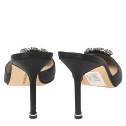 Pre Owned Manolo Blahnik Black Satin Hangisi Mules Sandals Size 39