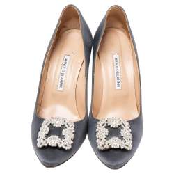 Pre Owned Manolo Blahnik Grey Satin Hangisi Pumps Size 40.5