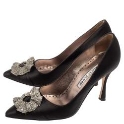 Pre Owned حذاء كعب عالي مانولو بلانيك إبزيم مزخرف كريستال ساتان أسود مقاس 36