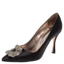 Pre Owned حذاء كعب عالي مانولو بلانيك إبزيم مزخرف كريستال ساتان أسود مقاس 36