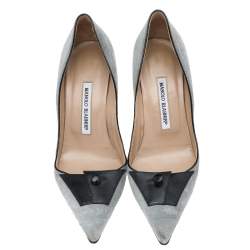 مملوكة مسبقًا Manolo Blahnik Grey/Black Suede And Patent Leather Button Embellished Pointed Toe Pumps Size 38.5