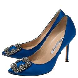Pre Owned Manolo Blahnik Royal Blue Satin Hangisi Pumps Size 34.5 