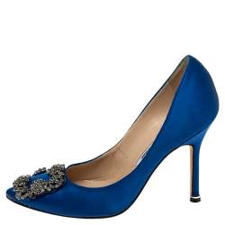 Pre Owned Manolo Blahnik Royal Blue Satin Hangisi Pumps Size 34.5 