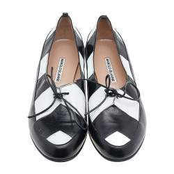 Pre Owned Manolo Blahnik Black/White Leather Lace Up Loafers Size 39.5