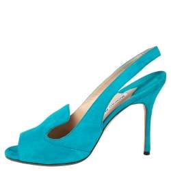 Manolo Blahnik Aqua Blue Suede Slingback Peep-Toe Sandals Size 37