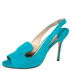 Manolo Blahnik Aqua Blue Suede Slingback Peep-Toe Sandals Size 37