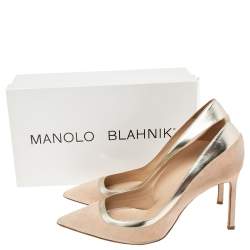 Pre Owned Manolo Blahnik Pale Pink/Gold Suede And Leather Pointed Toe Pumps Size 39