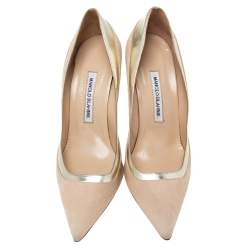 Pre Owned Manolo Blahnik Pale Pink/Gold Suede And Leather Pointed Toe Pumps Size 39