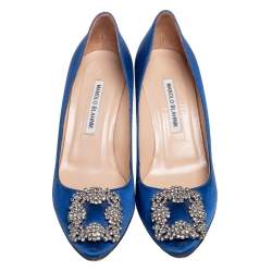 Pre Owned Manolo Blahnik Royal Blue Satin Hangisi Pumps Size 38