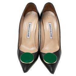 Pre Owned Manolo Blahnik Black Leather Embellished Pointed Toe Pumps Size 38.5