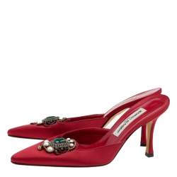 Manolo Blahnik Red Satin Embellished Mules Size 38