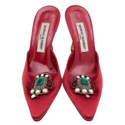Manolo Blahnik Red Satin Embellished Mules Size 38