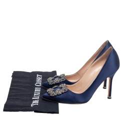 Pre Owned Manolo Blahnik Navy Blue Satin Hangisi Pumps Size 35