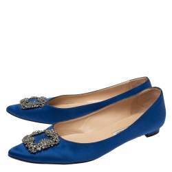 Pre Owned Manolo Blahnik Royal Blue Satin Hangisi Ballet Flats Size 42