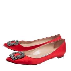 Pre Owned Manolo Blahnik Red Satin Hangisi Ballet Flats Size 36.5