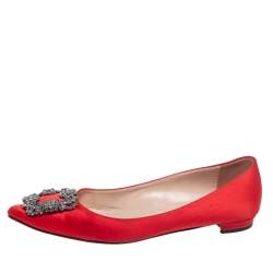 Pre Owned Manolo Blahnik Red Satin Hangisi Ballet Flats Size 36.5